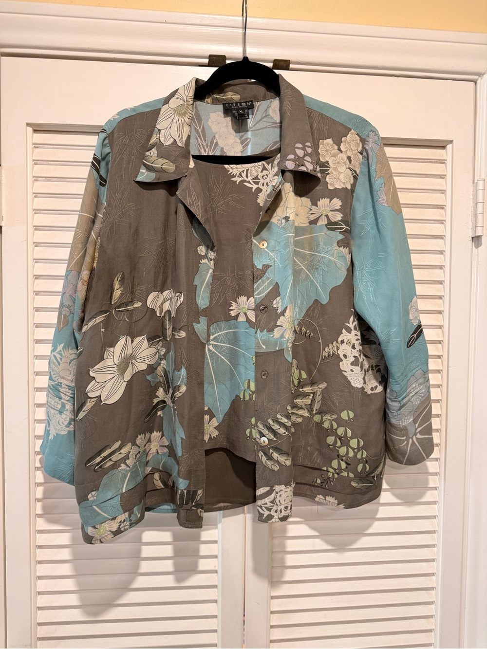 Citron Santa Monica Silk 2-Piece Set Jacket & Tank Top Grey Blue Floral size XL